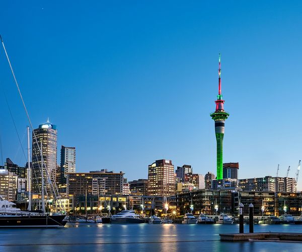 The Auckland city skyline and Sky Tower on a clear blue day