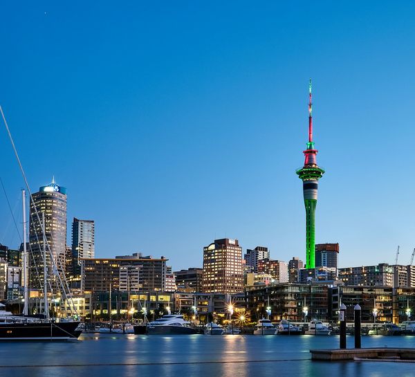 The Auckland city skyline and Sky Tower on a clear blue day