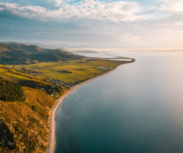 Aerial view of the coastline near Nelson at sunset