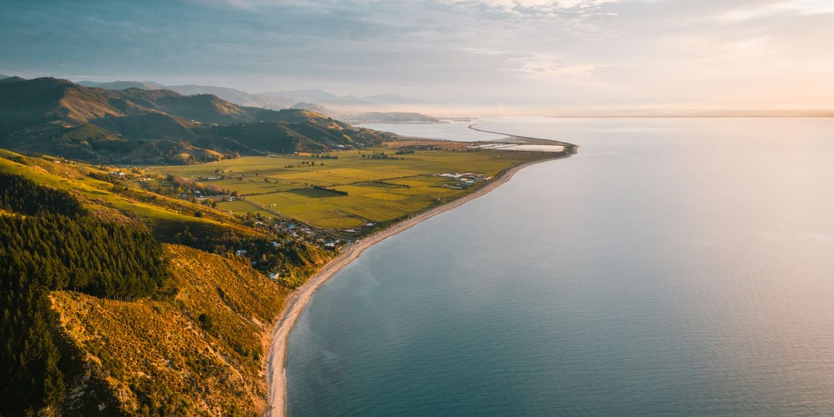 Aerial view of the coastline near Nelson at sunset