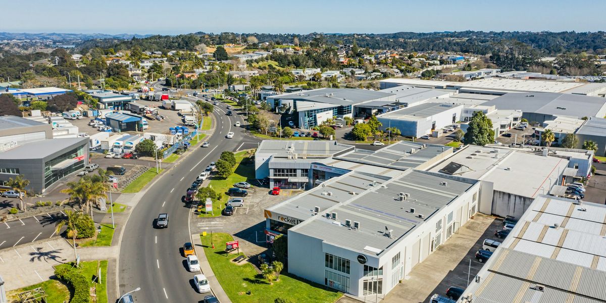 Aerial view of a business park and car parks on Auckland's North Shore
