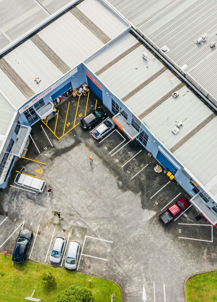 Aerial view of an office and warehouse complex in Rosedale, Auckland